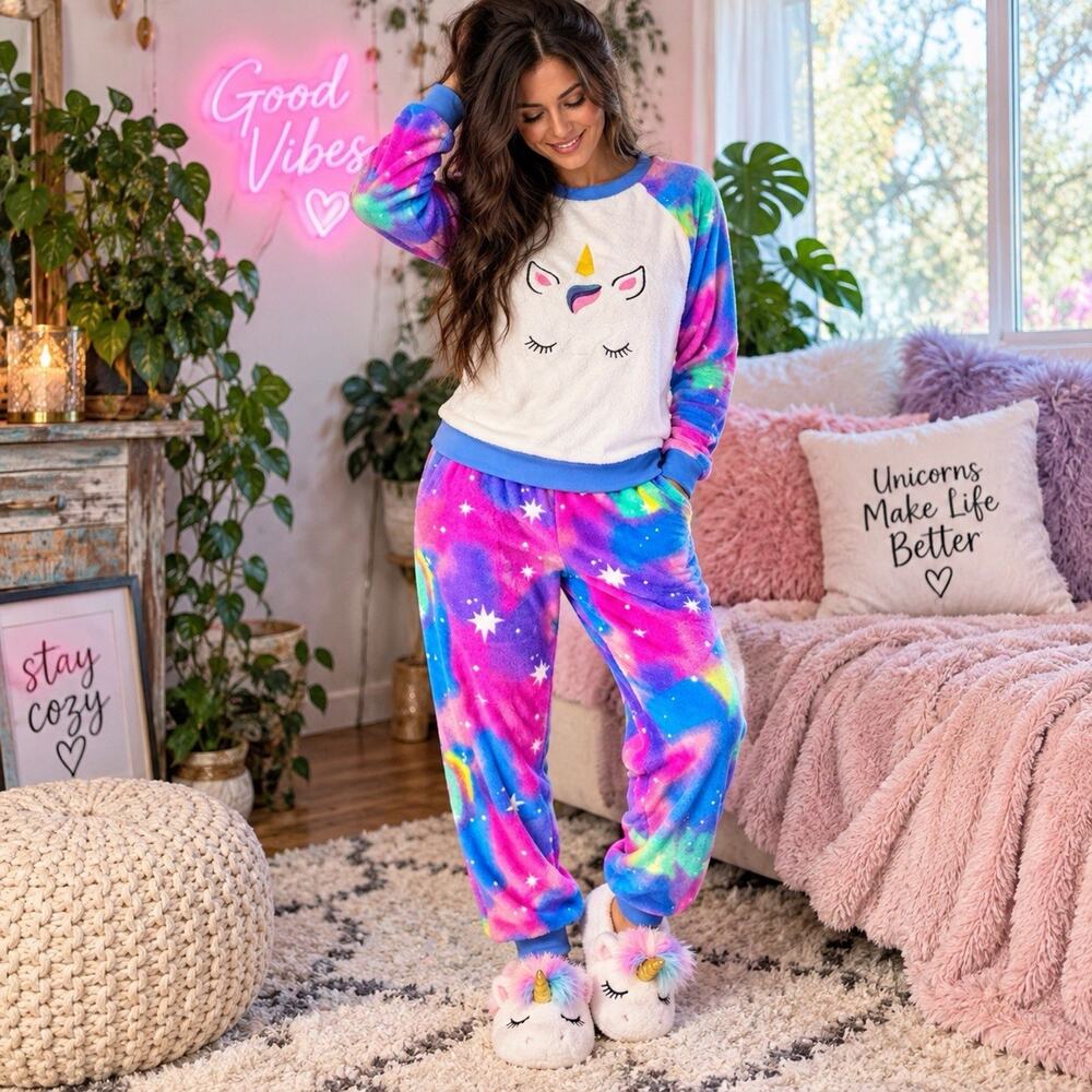 Womens L/XL Unicorn Fleece Pajama Set Rainbow Galaxy 2 Piece Cozy Lounge Kawaii
